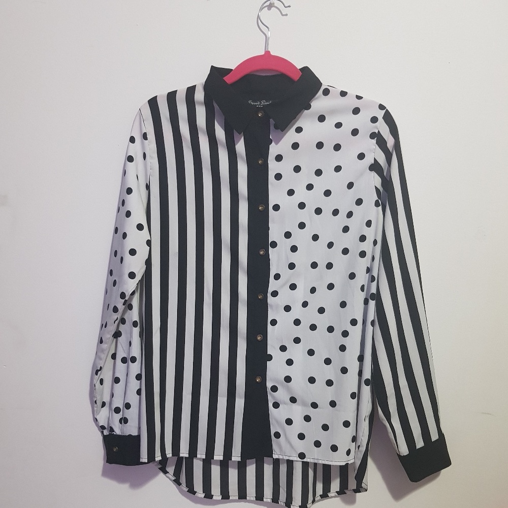 Speed Limit Striped Polka Dot Black & White Button Up Women's Shirt Size XL